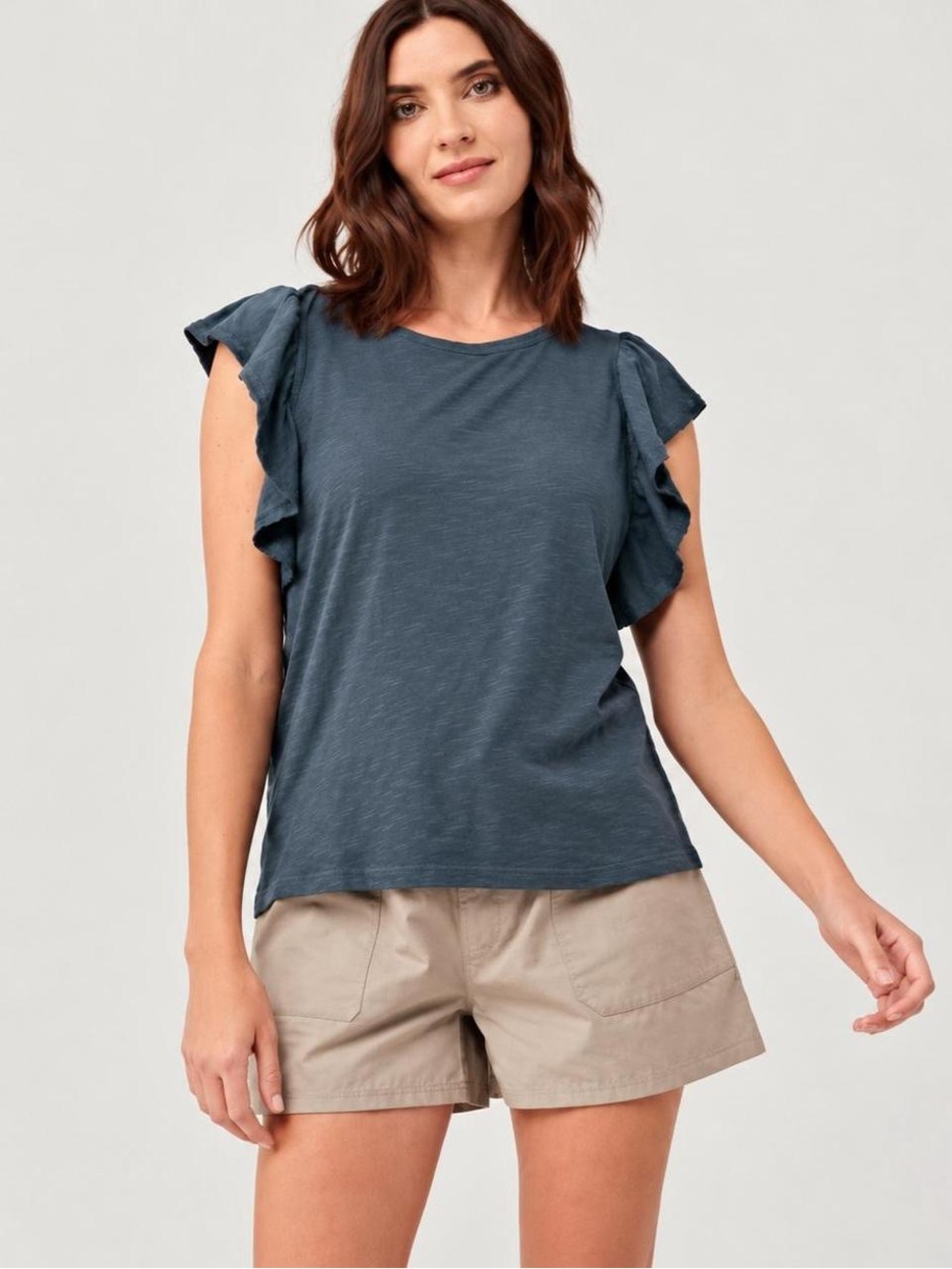 PACT Ruffle Sleeve Crewneck Top - Slate Blue